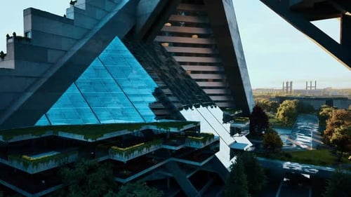 Edificio futurista con fachada triangular de vidrio en un entorno urbano vibrante