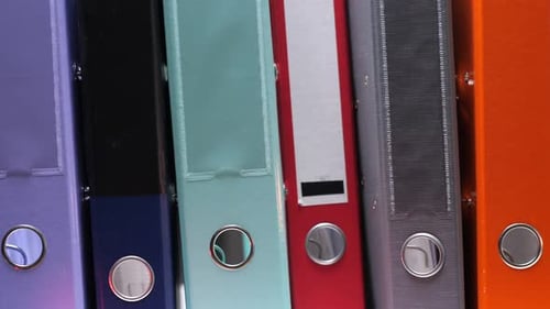 Bunte, in einer Reihe stehende Ringordner für die Büroorganisation