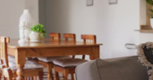General view of living room and dining room interior with sofa and table