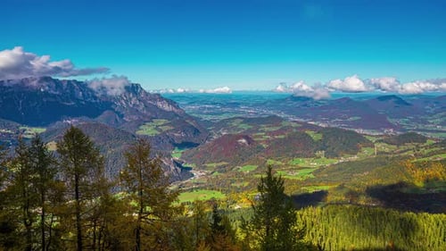 Beautiful landscape of meadows and mountains in Austria, view from above