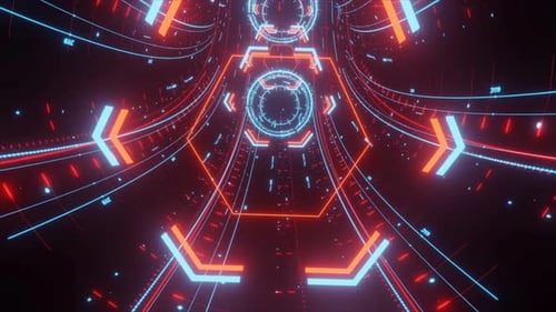 Futuristic neon tunnel with glowing lights for modern technology designs