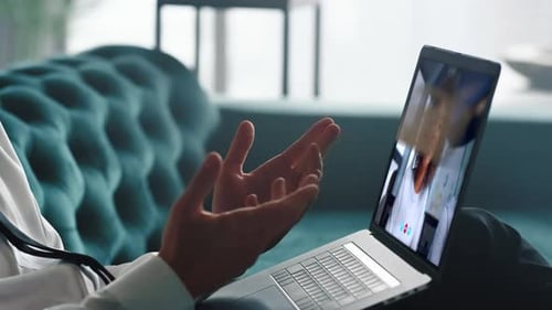 Man Hands Gesturing Laptop Webcam at Online Meeting Close Up Partner Videocall