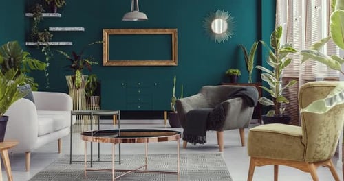 Video of Green Living Room Interior with Plants with Furniture Like Copper