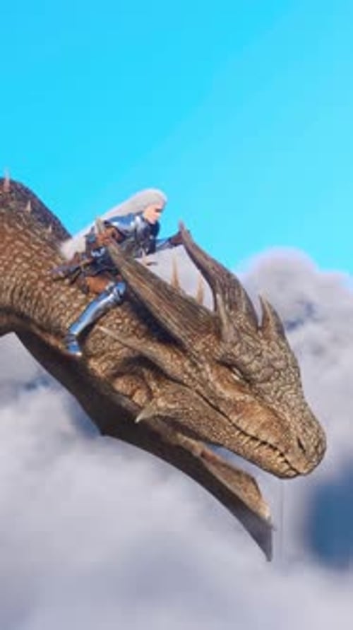 White haired female warrior knight flies on a dragon above the clouds.