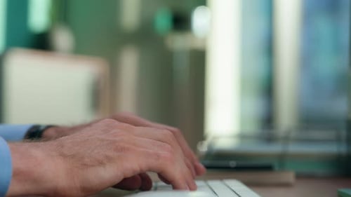 Businessman Arms Typing Keyboard In Office Closeup. Unknown Ceo Pressing Computer Buttons Macro V...
