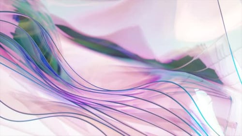 Animation 3D gracieuse d'une structure délicate ressemblant à un tissu translucide aux couleurs pastel, elle se déplace avec fluidité