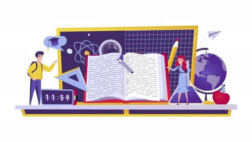 Animated Education Concept with Students and Learning Elements