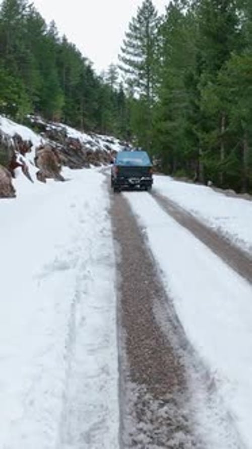 Vertical Video Aerial Winter Adventure Pickup Truck Exploration on Snowy Road Through Green Forest