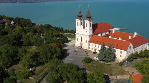 Beutiful church in summer at the lake Balaton. Tihany town, Hungary
Recorded with a DJI Mavic 2 pro