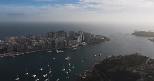 Aerial view of Sliema buildings and boats, Malta.