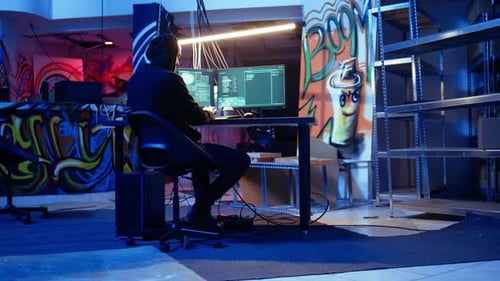 Malicious Programmer in Basement Getting Past Firewalls Handheld Camera Shot