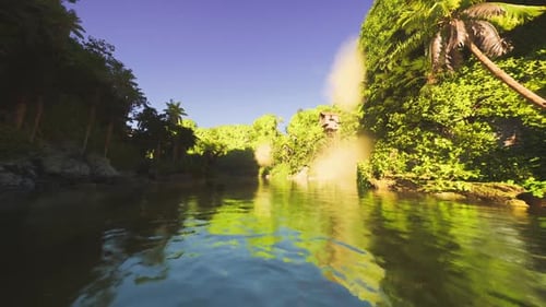 Serene Lush Habitat Vaporous Tropical Pond Bathed in Gentle Sunlight