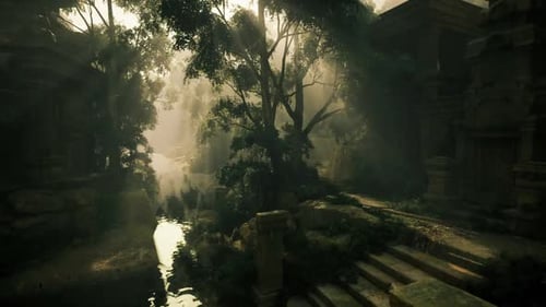 Site archéologique serein avec lumière du soleil et piscine réfléchissante