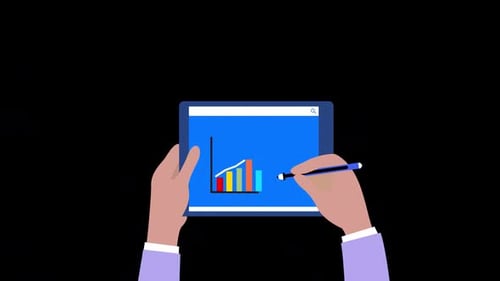 Animated Flat Design Hands Drawing Data Graph on Tablet