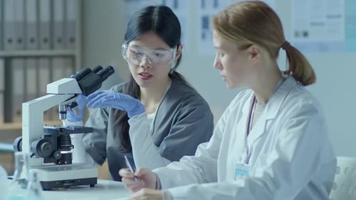 Scientists Analyzing Data Through Microscope in a Lab