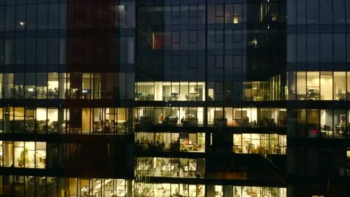 Aerial View of Modern Office Building at Night