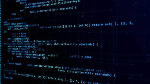 Dynamic Scrolling Computer Code on Futuristic Grid Background