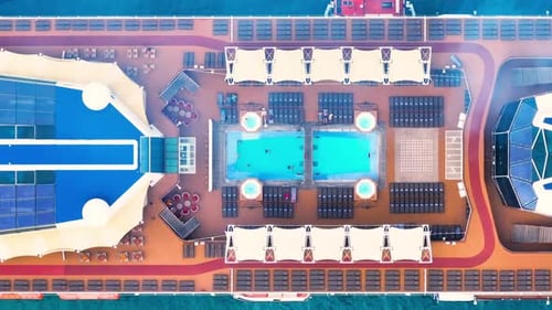 Top view of a beautiful white cruise ship in the Atlantic ocean, luxury vacation.