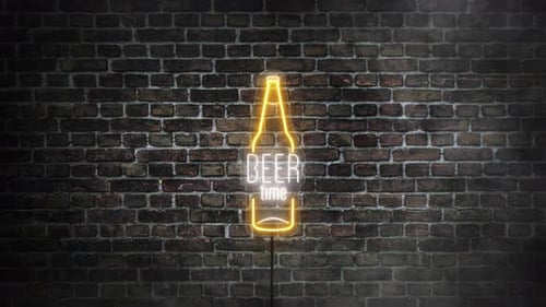 Glowing Neon Beer Bottle Sign on Brick Wall