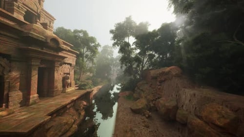 Timeworn Sandstone Temple Amidst Lush Jungle and Reflective Waters