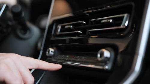 Closeup Hands of Unrecognizable Driver Male Pressing Emergency Stop Button in Car Closeup of Man