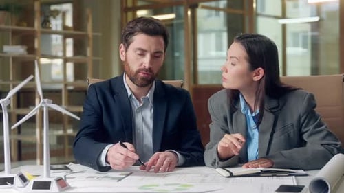 Multiracial Business Team Discussing Wind Turbine Project Sustainable Investment Eco Energy Korean