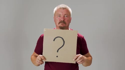 Question Mark Adult Man with Mustache Holding Cardboard Box