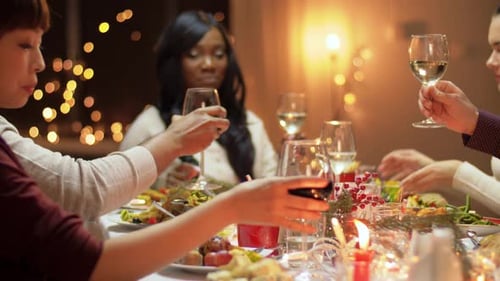 Group of Friends toasting Wine Glasses at Dinner