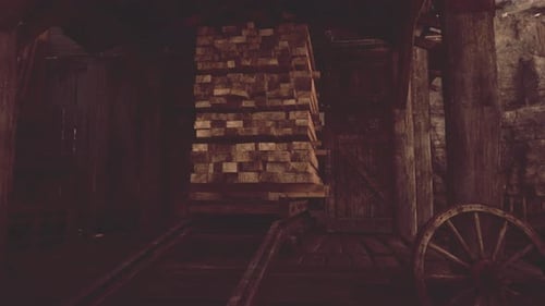 Industrial Cart Transporting Wood Planks in Dark Tunnel