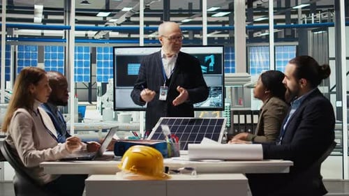 Businessmen in Photovoltaics Factory Doing Financial Investments