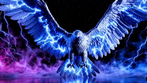 Majestic eagle with electrifying blue wings spread wide in stormy night sky