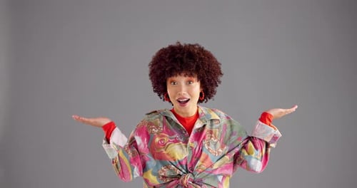 Woman, face and decision with choice in advertising or marketing on grey studio background