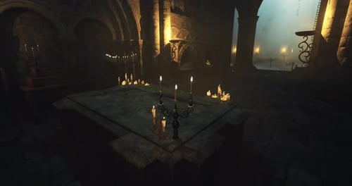 Templo antiguo oscuro y atmosférico con velas y altar de piedra por la noche