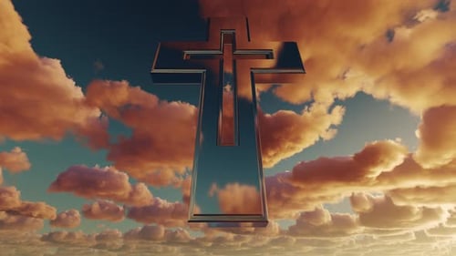Reflective Metallic Cross Rotating in Heavenly Sky