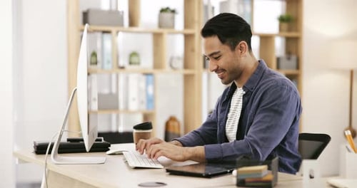 Email, businessman at desk with computer and typing online article, creative review