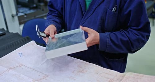 Quality Control Department in Industrial Plant Worker Measuring Detail By Caliper Closeup Prores
