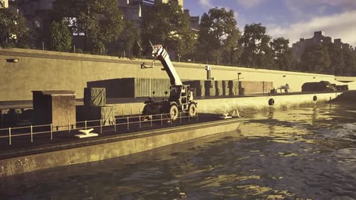Lebendiger Hafen mit glitzernden Wasserreflexionen und Frachtbetrieb