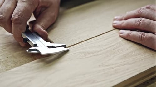 Carpenter Measuring Chair Part with Calipers in Workshop RAW Video Record