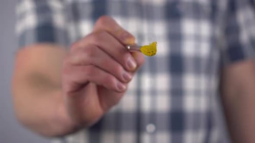 A Man Draws a Sad Yellow Smiley Face on a Transparent Glass