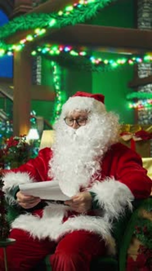 Santa Reading Letter Indoors at Christmas
