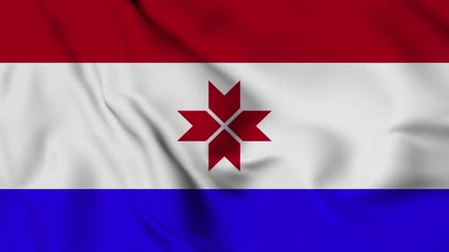 Waving Red White Blue Flag with Geometric Star Emblem