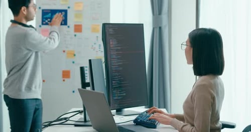 Asia male female software developers mentor leader manager talk strategy plan to executive write pro