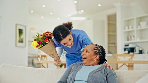 Sofa, flowers and senior woman with caregiver for bonding, kindness or care in retirement home