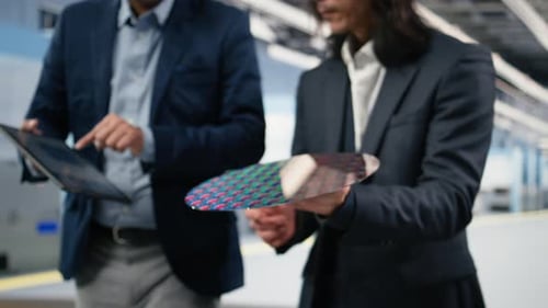 Senior Manager von Microchip Factory testet Chargen von Siliziumwafern mit Tablet