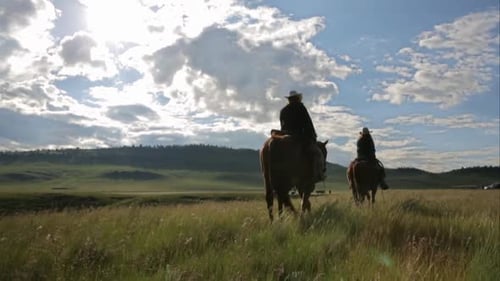 Female Ranchers Horseback Riding in Sunny Remote Rural Field Animals