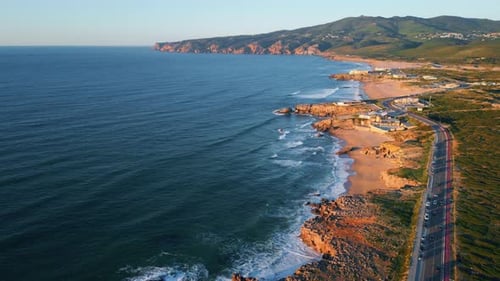 Panoramic Aerial View Coast Road Running at Ocean Shoreline Washing by Turquoise