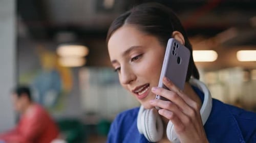 Positive Student Talking Mobile Phone Sitting at Cafe Closeup Portrait Woman