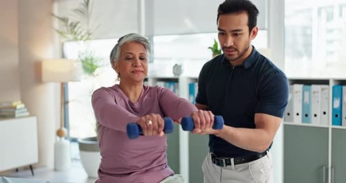 Physio, dumbbells and senior patient in clinic, consultation exam and medical support