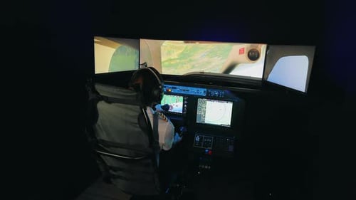Female Pilot Flying Launching Airplane Turning Wheel