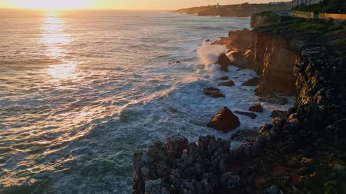Amazing Sunset Sky Foaming Ocean Waves Washing Rocky Coast Aerial Stormy Water